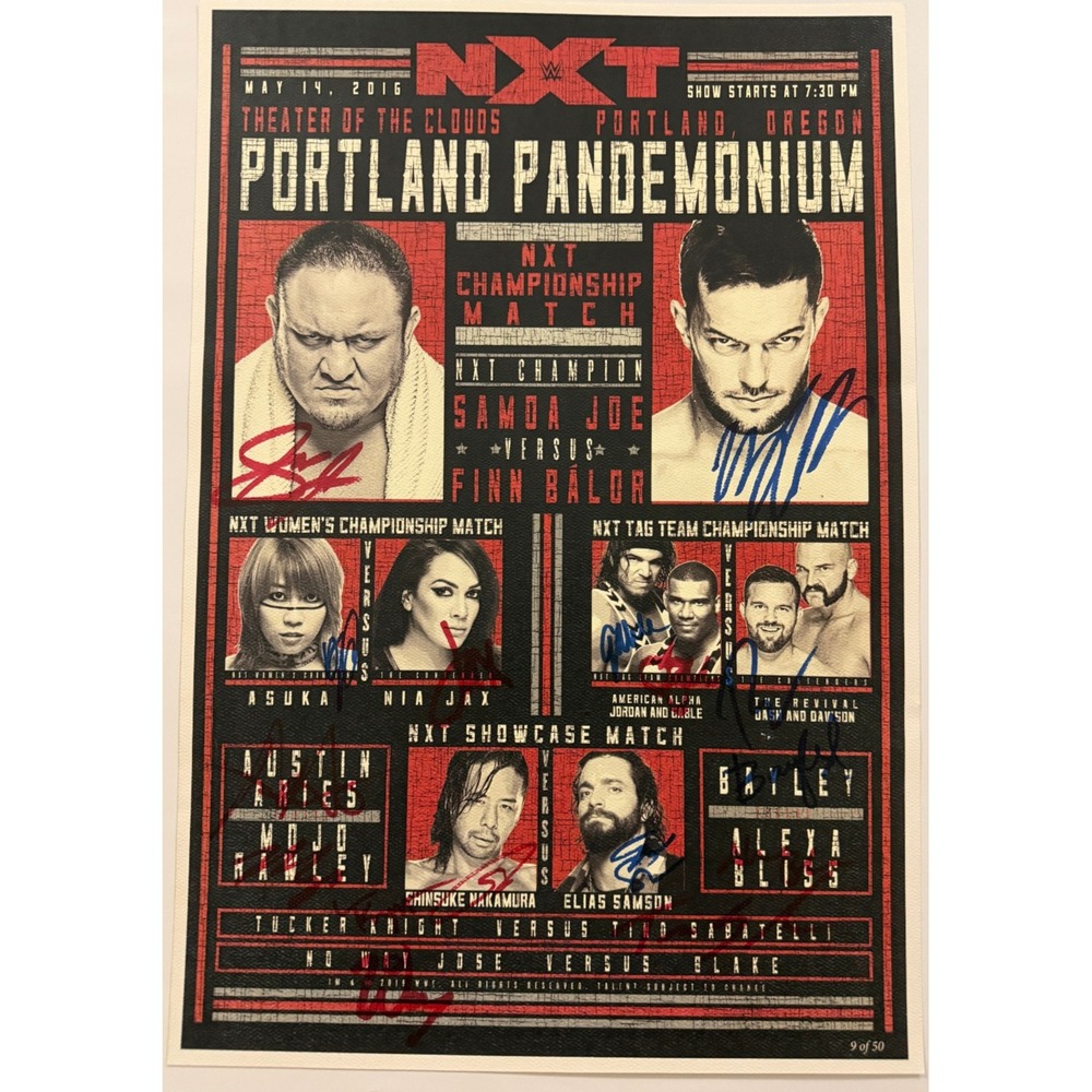 WWE NXT Portland Pandemonium 2016 Signed Poster 9/50 Samoa Joe Finn Balor Asuka